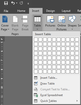 Inserting a table in Word 2016 Word Tables